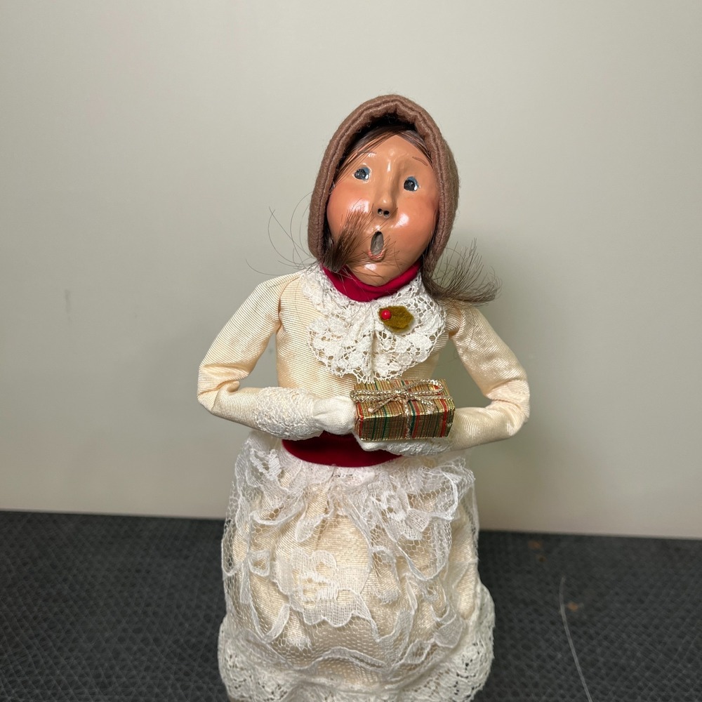 Byers Choice Caroler Woman holding Present, White Dress, Long Brown Hair, 1993